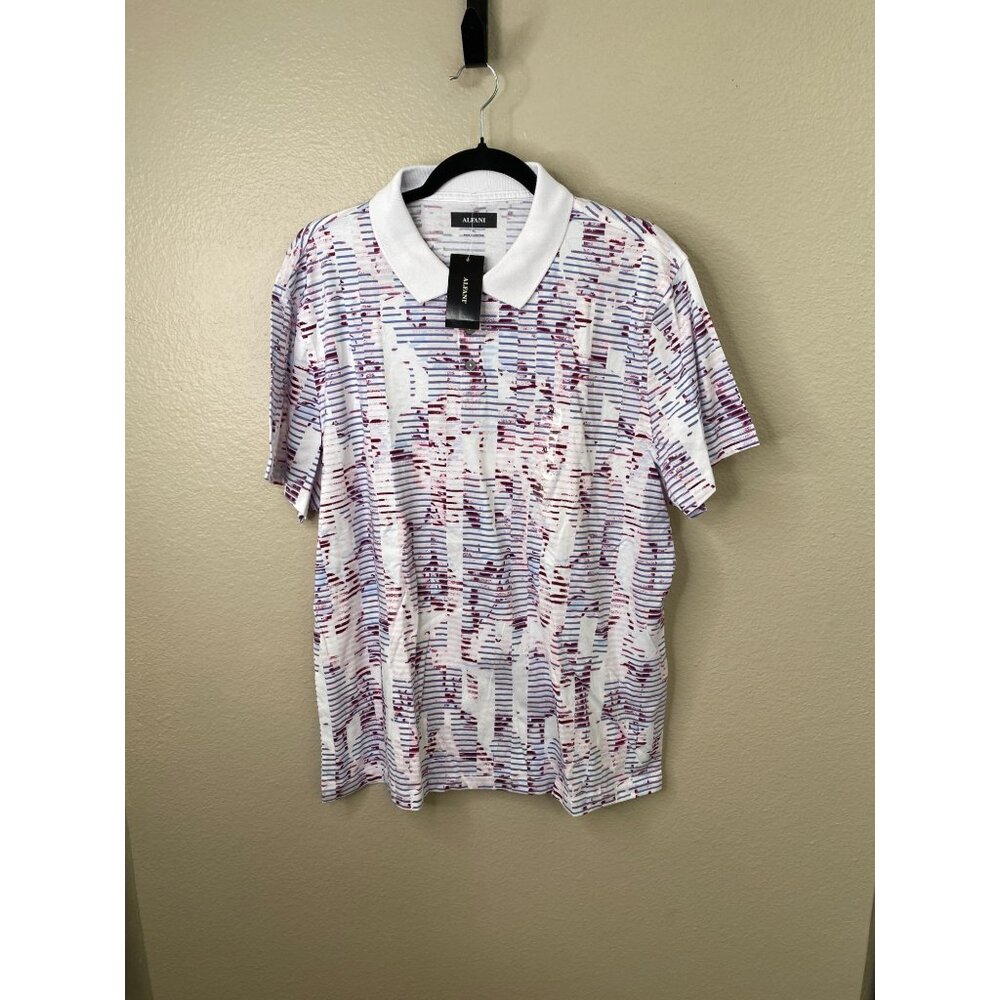 Alfani Mens Novelty Polo Shirt‎ Bright White XL Striped Cotton Short Sleeve NEW